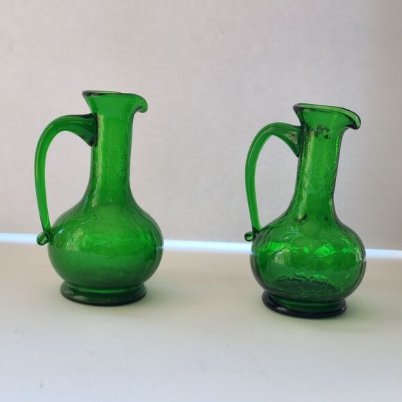 Set Of 2 Vintage Viking Handmade Green Crackle Glass Decanters - Picture 1 of 8